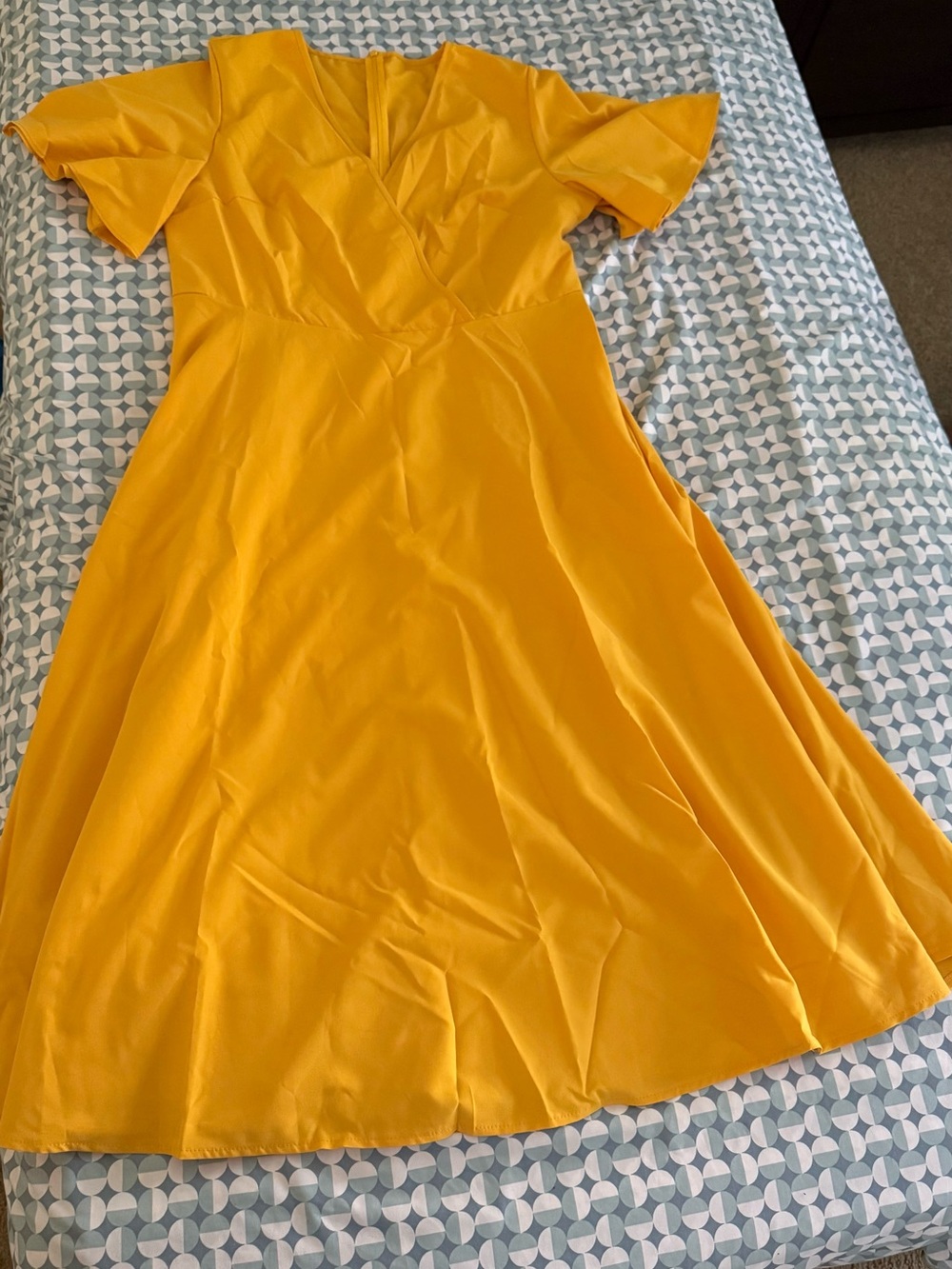 SHEIN Yellow V-Neck Flutter Sleeve A-Line Dress
